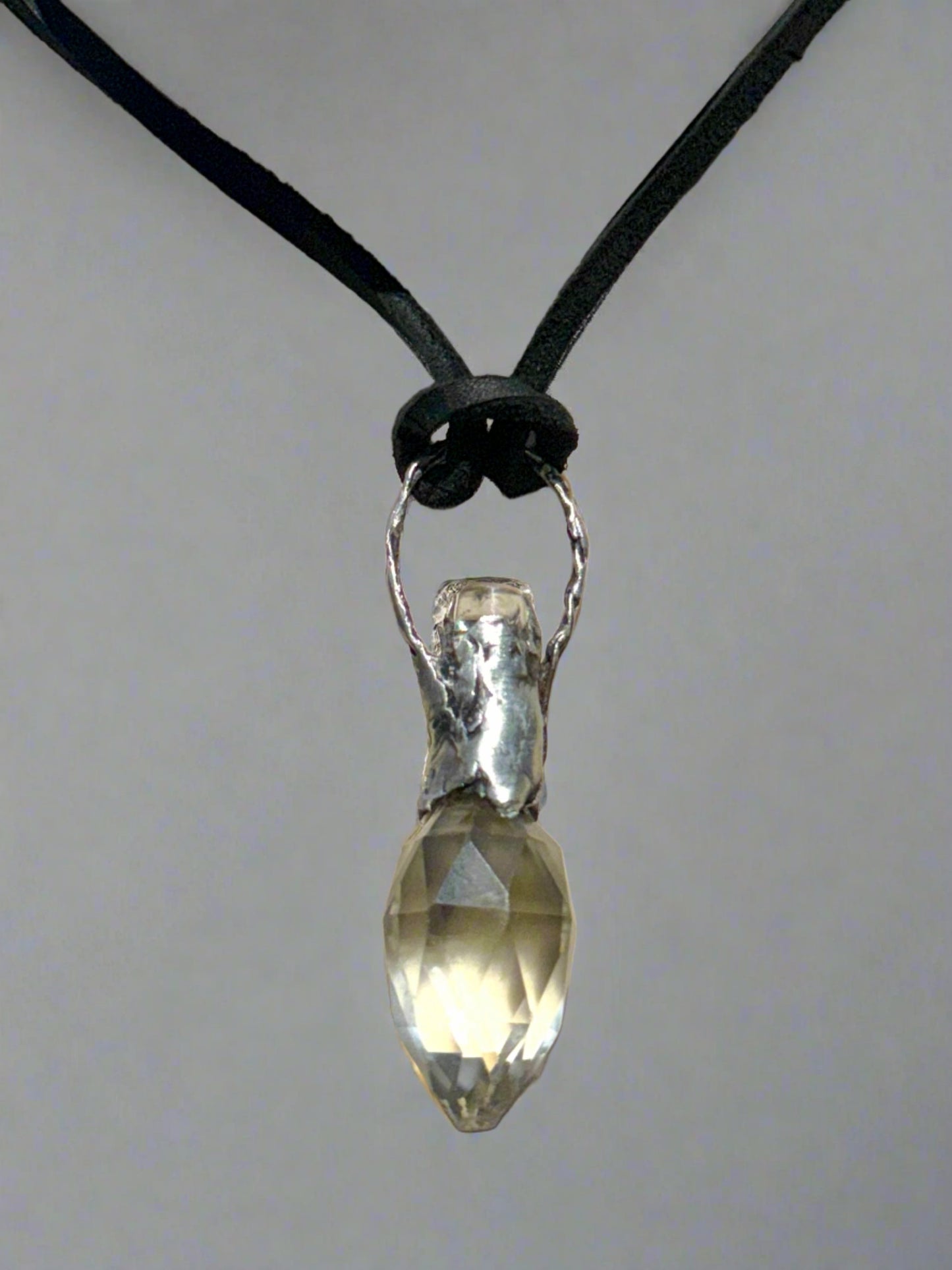 Vintage Crystal Perfume Bottle with Boho Metalwork & Leather Rope Necklace
