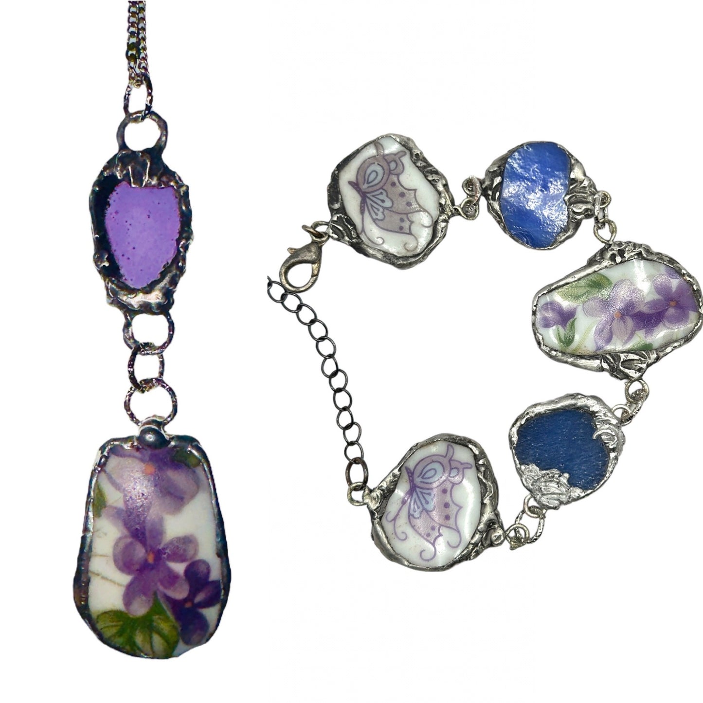 Broken China & Sea Glass Violets Pendant Caged with Silver-Blend