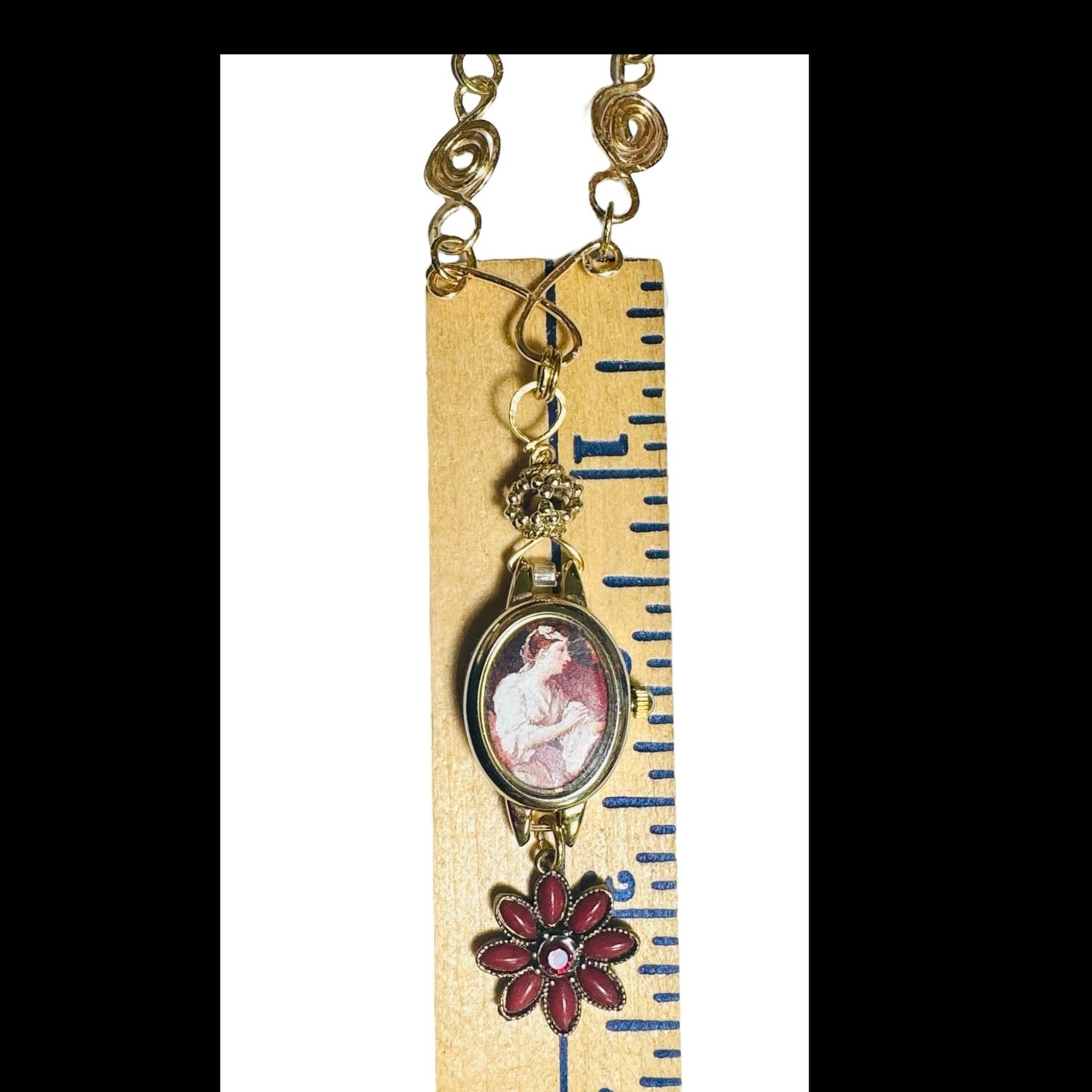 Repurposed VNTG Watch Opera Necklace with scene from the of Beggar’s Opera by Hogarth