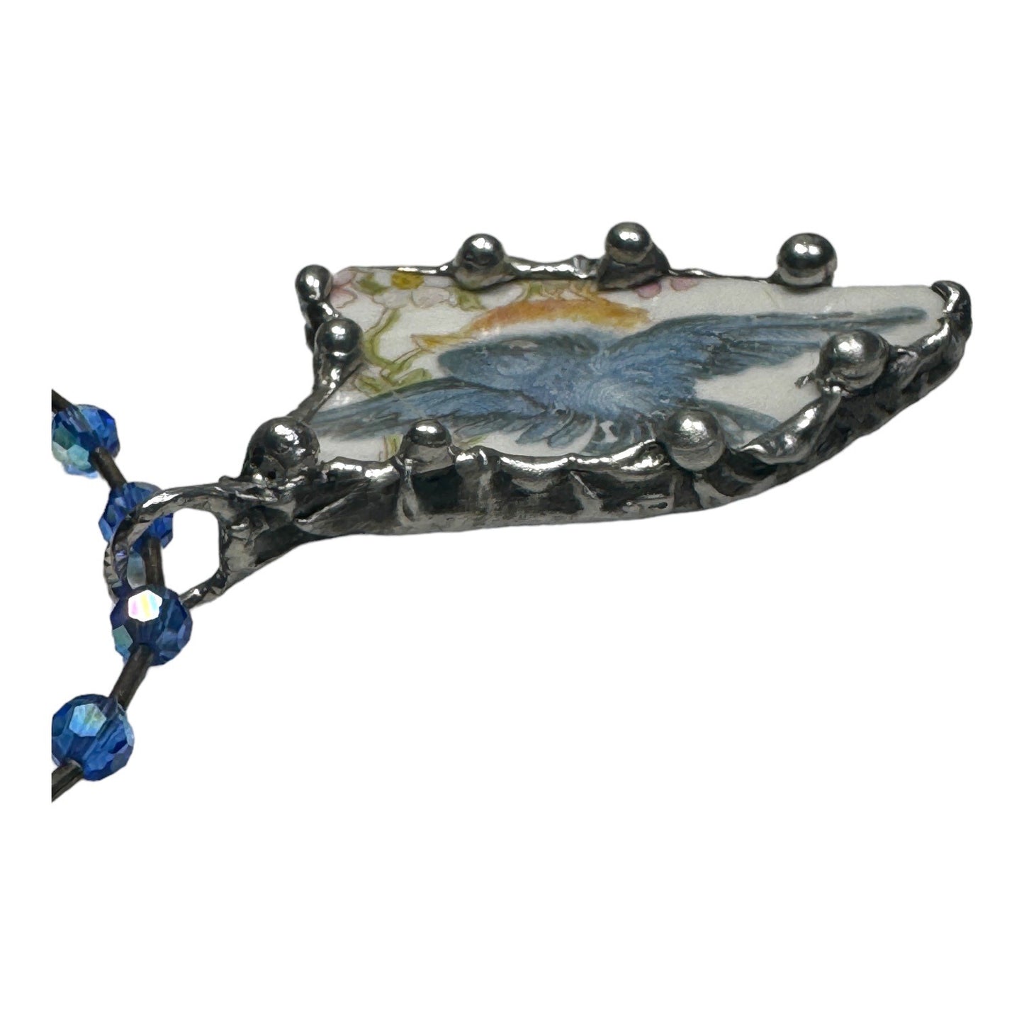 Blue Bird Broken China Pendant Silver Blend Metalwork Vintage Crystal Necklace