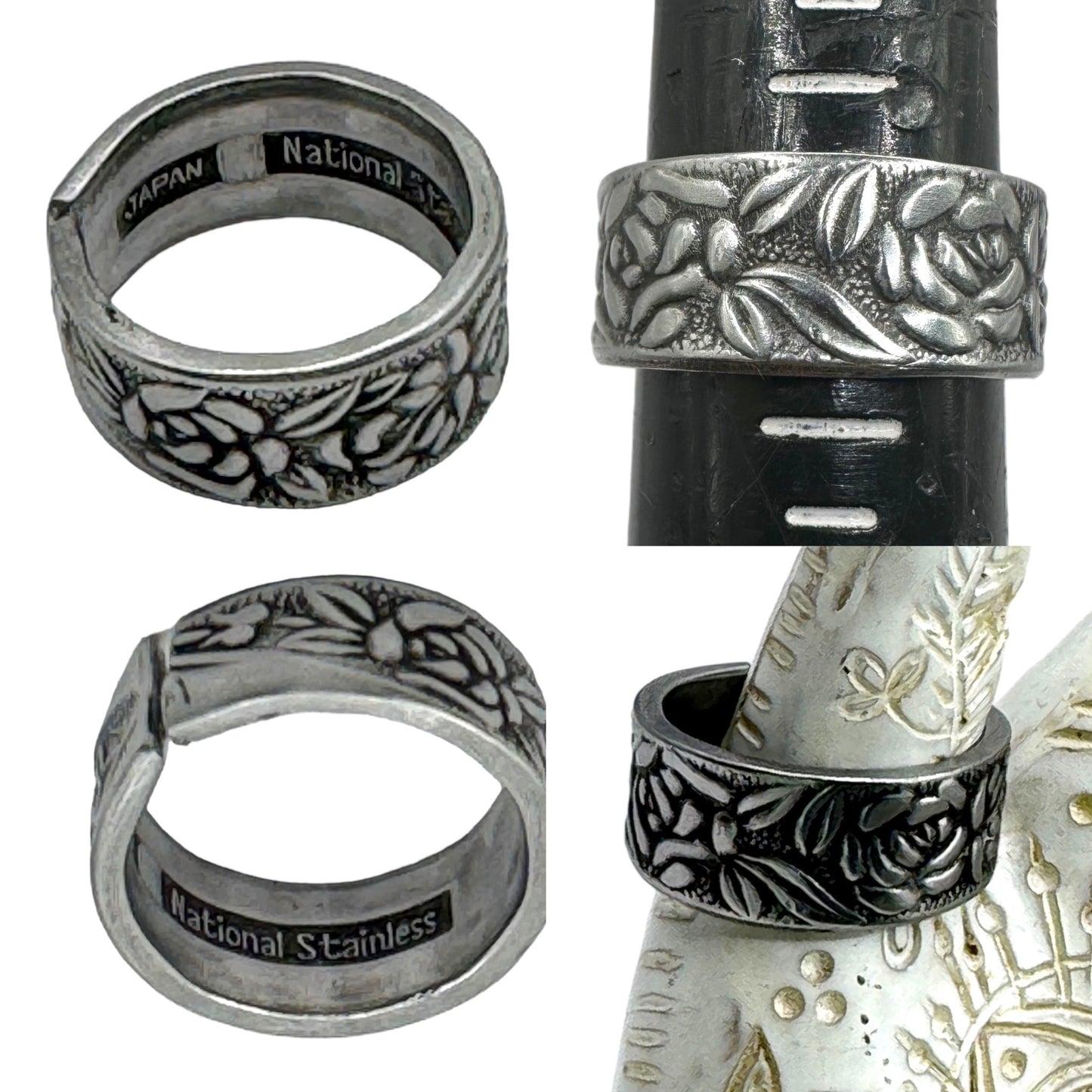 Stainless Steel Vintage Spoon Ring with Rose Pattern Size 7