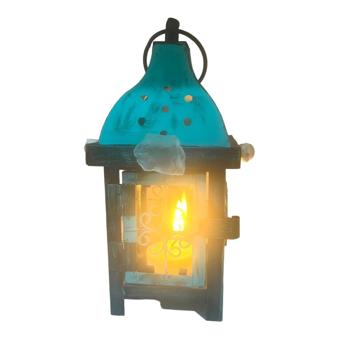 Upcycled Metal Lantern with Sea Glass & Conch, Hand-Painted