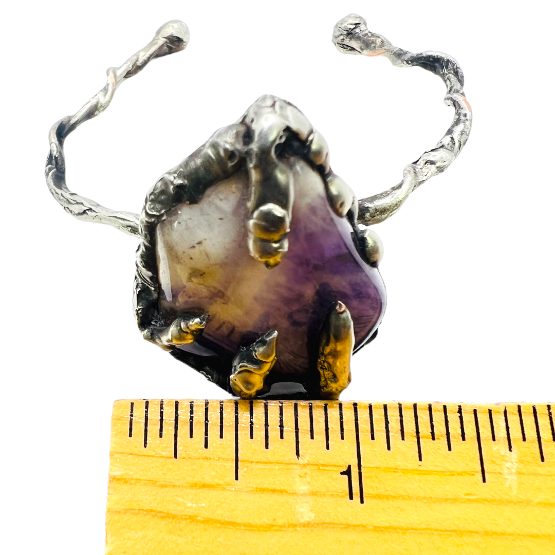 Amethyst Claw Cuff Bracelet Brutalist Silver Blend Metalwork