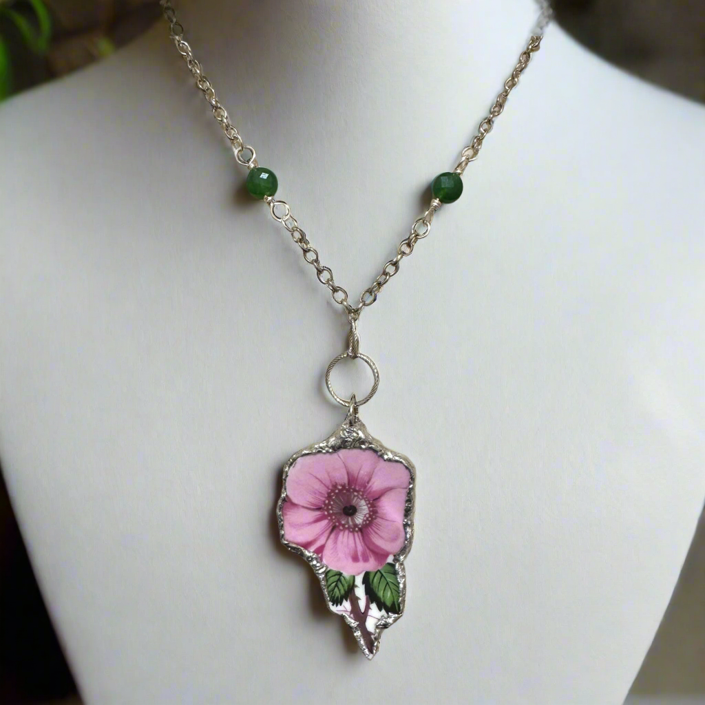 Old Country Rose Broken China Pendant & Green Aventurine Beaded Necklace