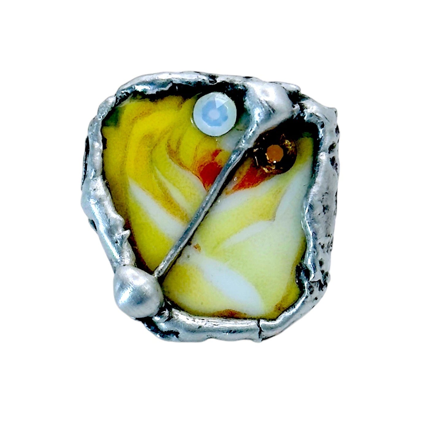 Antique Bavaria Yellow Rose Broken China Ring in Silver-Blend Boho Metalwork