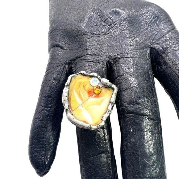 Yellow Rose Broken China Ring Artisan Crafted & Swarovski Crystals Size 7