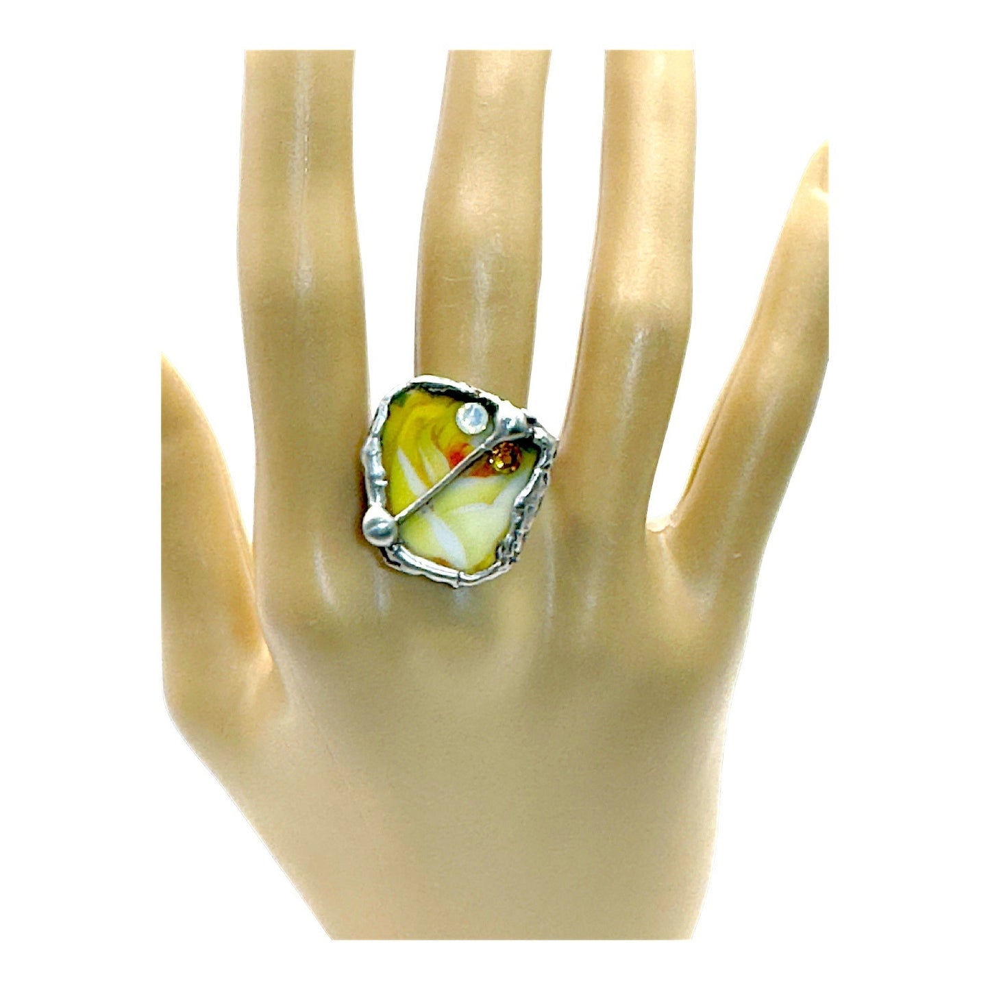 Antique Bavaria Yellow Rose Broken China Ring in Silver-Blend Boho Metalwork