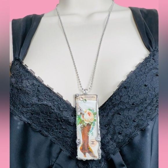 Tiny Glass Pendant Granny Bootie Mixed Media 3D Eiffel Tower & Swarovski Crystals
