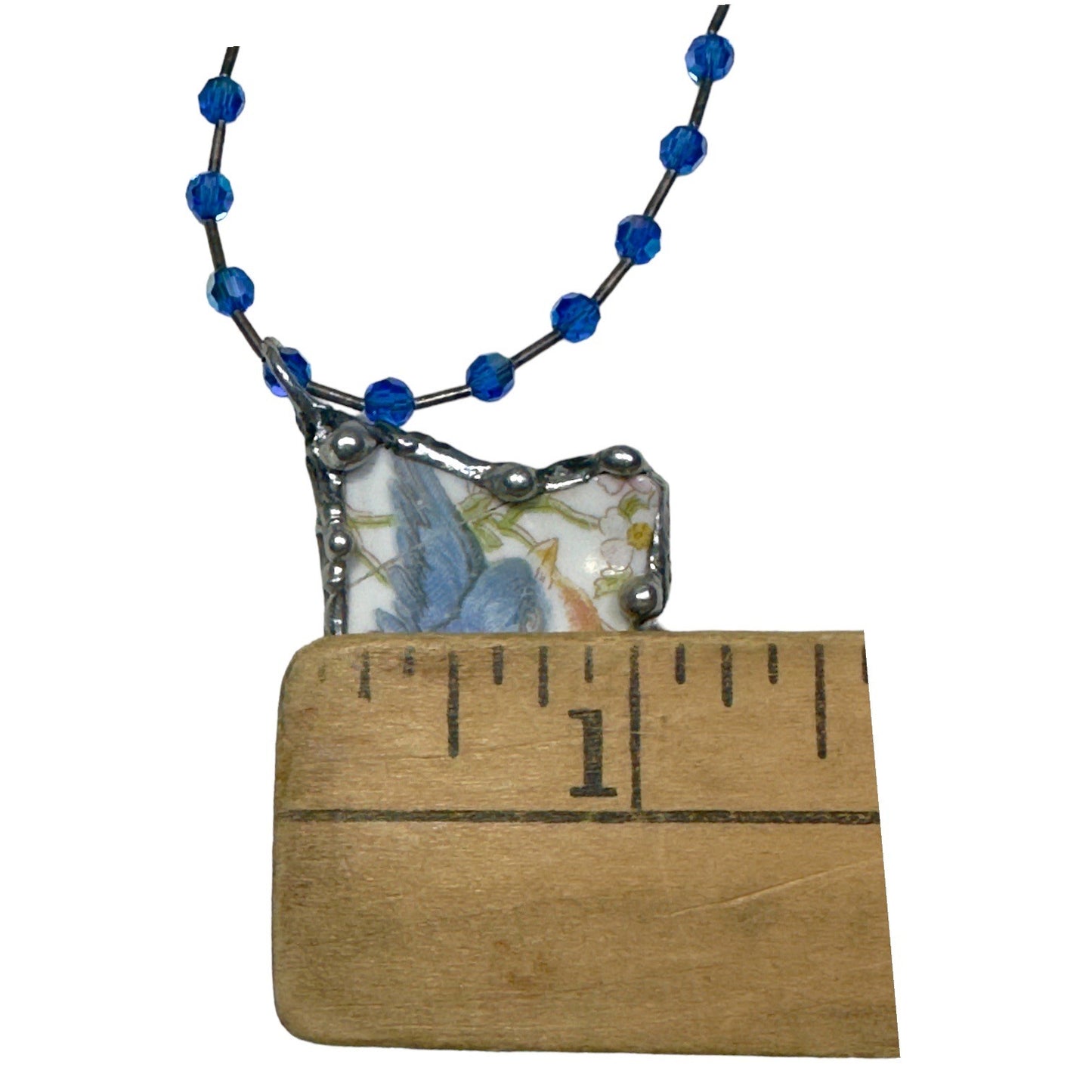 Blue Bird Broken China Pendant Silver Blend Metalwork Vintage Crystal Necklace