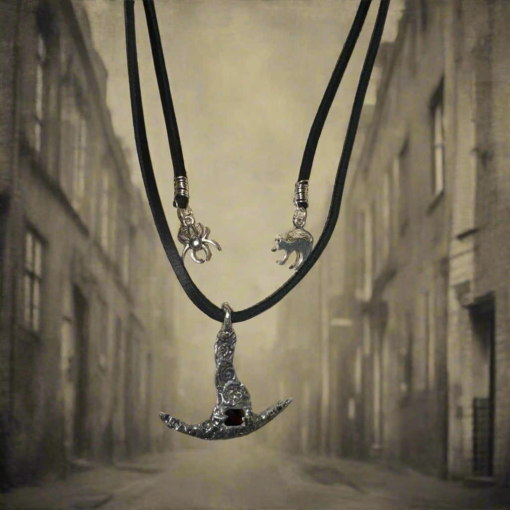 Hand Crafted Silver Blend Witches Hat With Garnet & Adjustable Leather Necklace