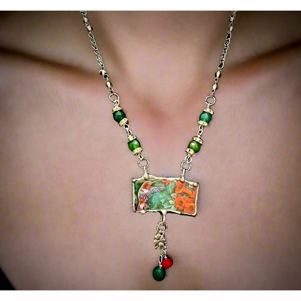 Lena Liu Hummingbird Pendant W/ Silver-Blend Metalwork & Green Quartz Necklace