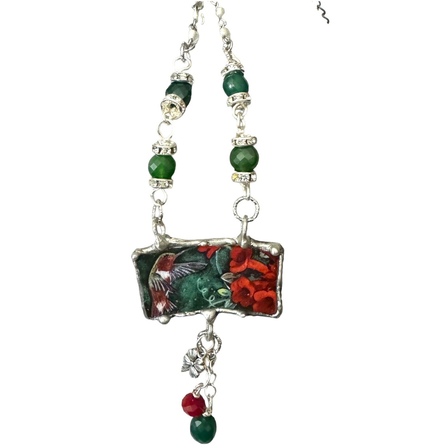 Lena Liu Hummingbird Pendant W/ Silver-Blend Metalwork & Green Quartz Necklace