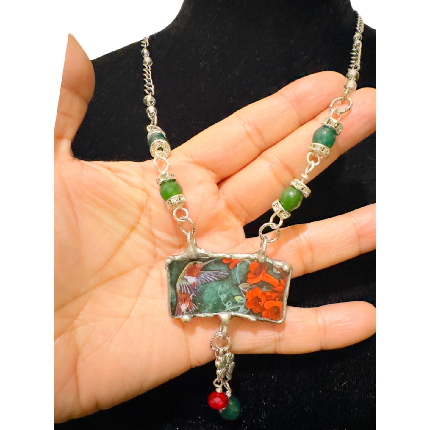 Lena Liu Hummingbird Pendant W/ Silver-Blend Metalwork & Green Quartz Necklace