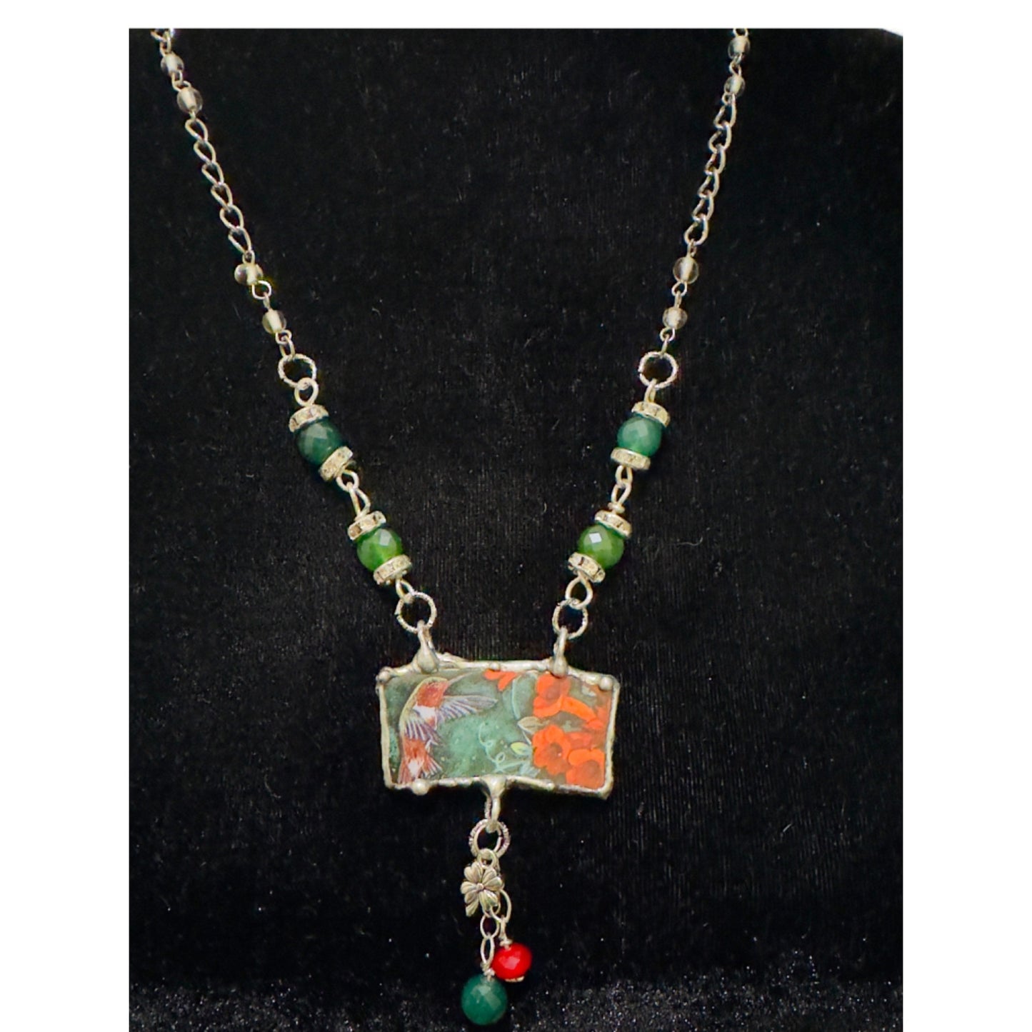 Lena Liu Hummingbird Pendant W/ Silver-Blend Metalwork & Green Quartz Necklace