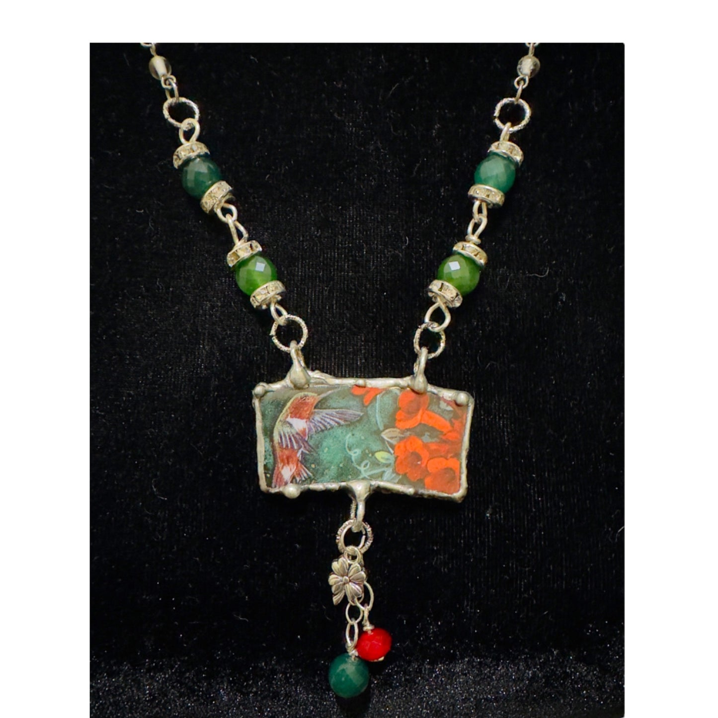 Lena Liu Hummingbird Pendant W/ Silver-Blend Metalwork & Green Quartz Necklace