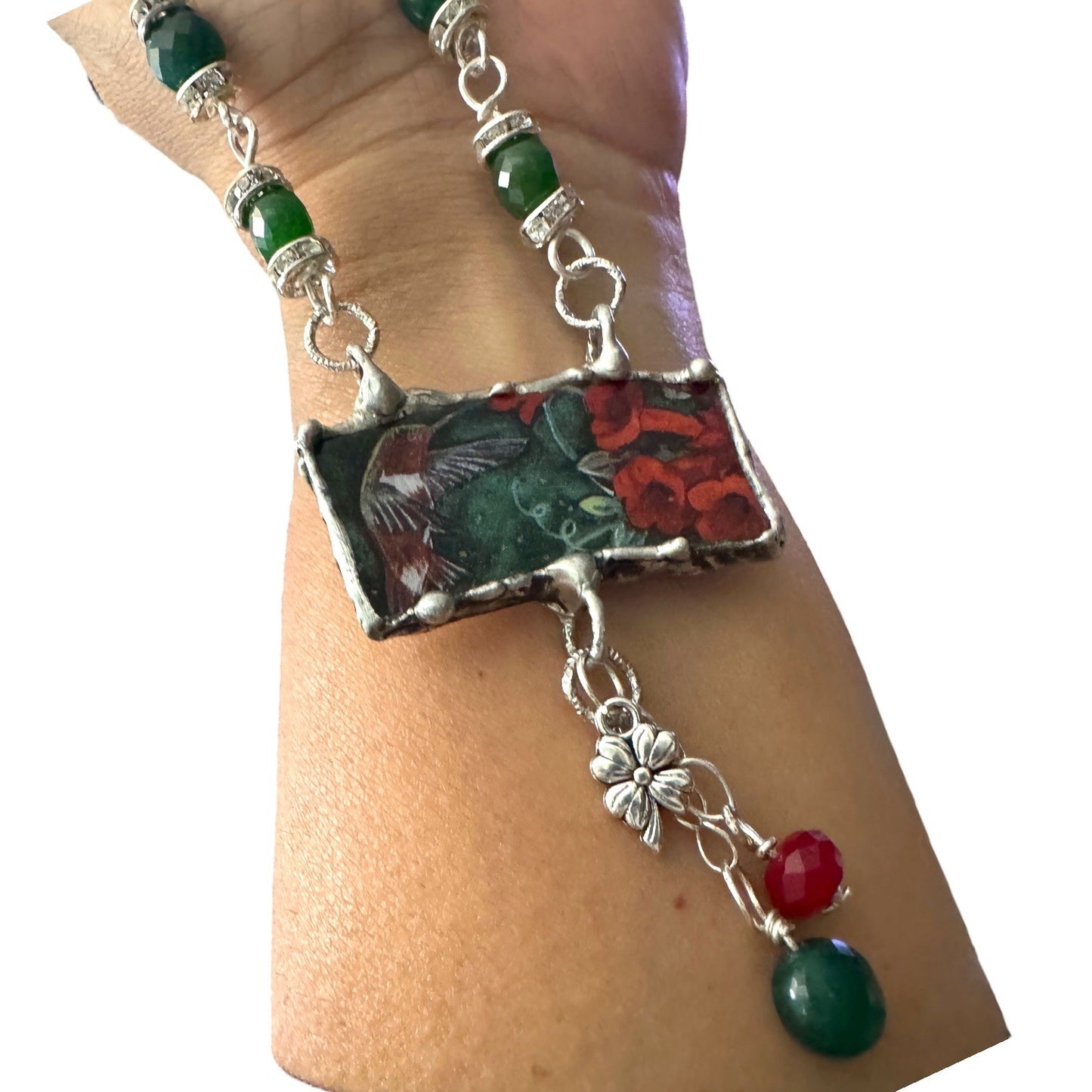 Lena Liu Hummingbird Pendant W/ Silver-Blend Metalwork & Green Quartz Necklace