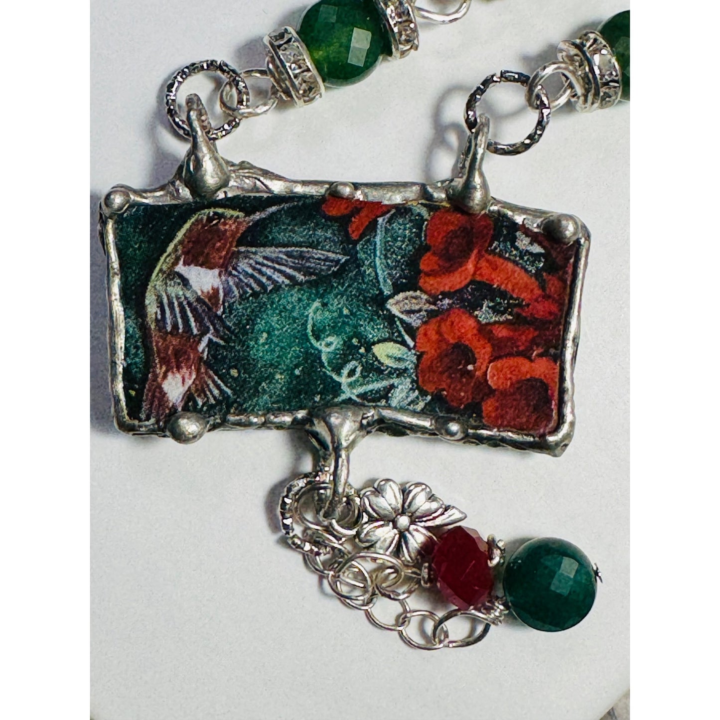Lena Liu Hummingbird Pendant W/ Silver-Blend Metalwork & Green Quartz Necklace