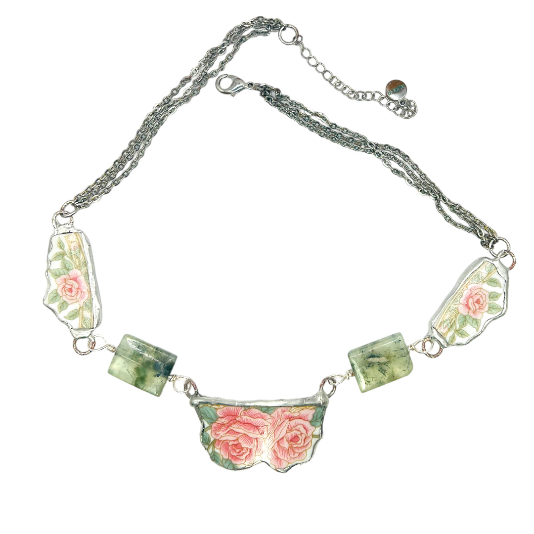 Hand Crafted Broken China Pendant Antique Roses with Prenhite Stones Necklace
