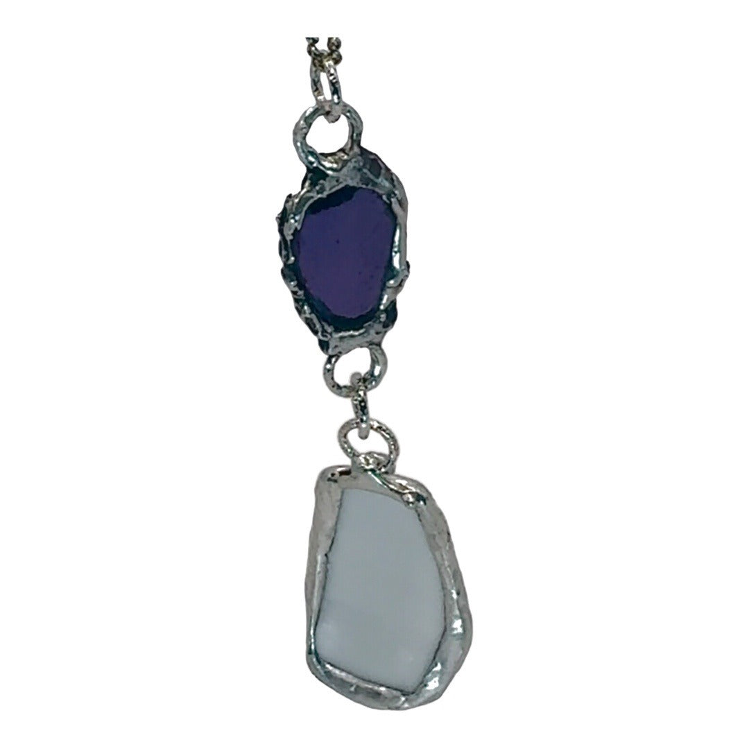 Broken China & Sea Glass Violets Pendant Caged with Silver-Blend
