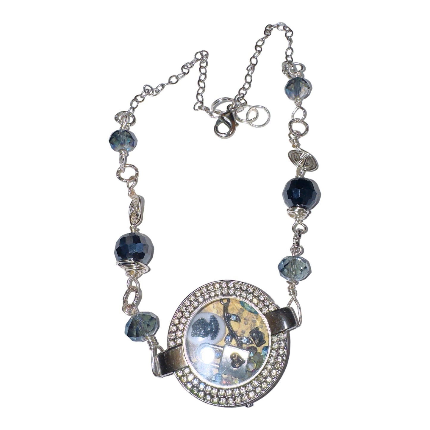 Floating Memory Pendant Reworked Watch Shell, Cameo & Swarovski Crystal Necklace