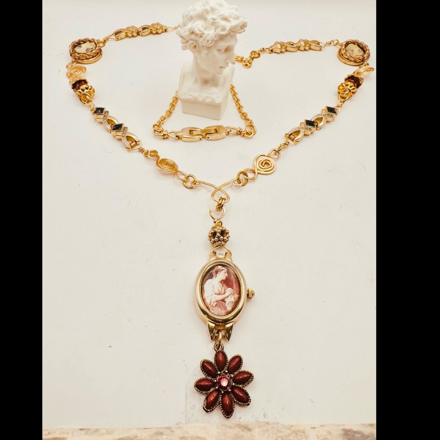 Repurposed VNTG Watch Opera Necklace with scene from the of Beggar’s Opera by Hogarth