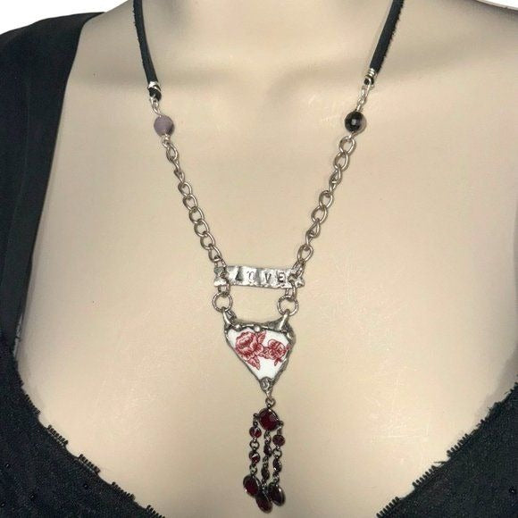 Broken China Heart Pendant W/ VNTG Garnet Tassel, Artisan Metalwork & Leather