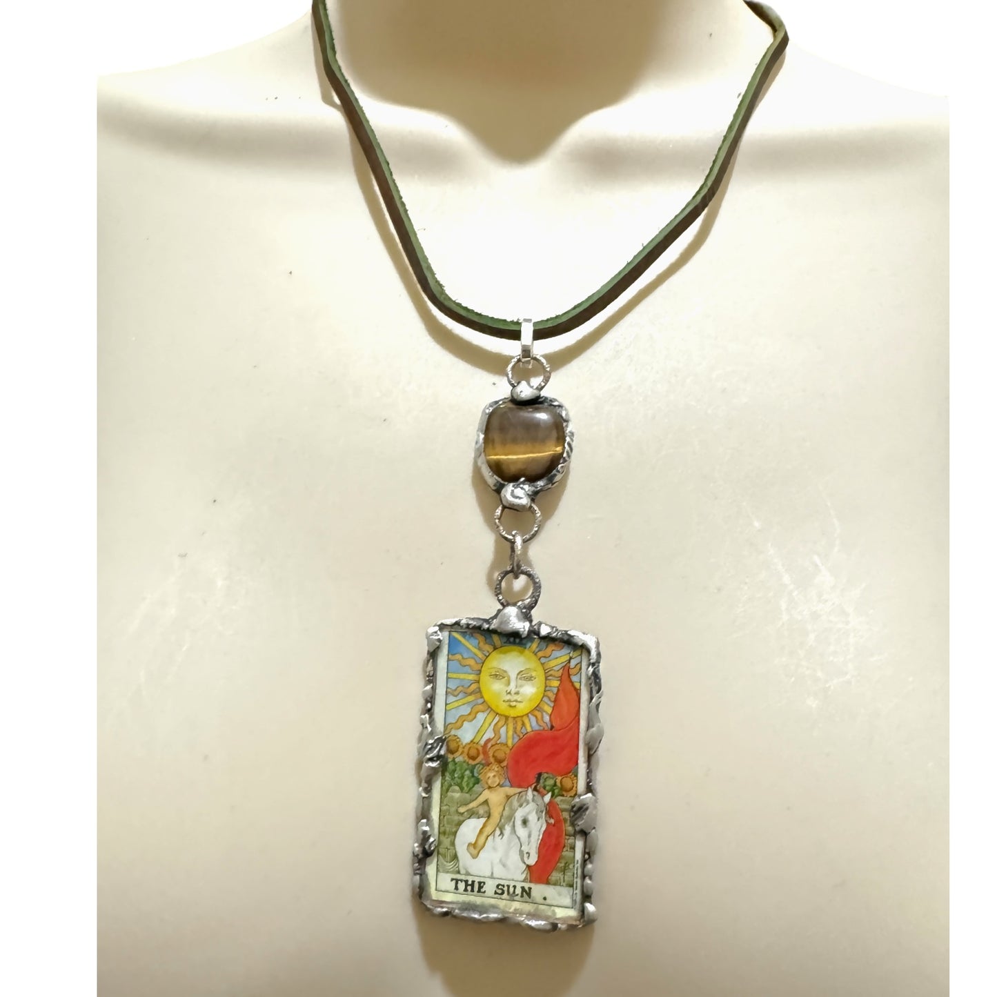 Tarot Card Mixed Media & Artisan Metalwork Tiger Eye Pendant Leather Necklace