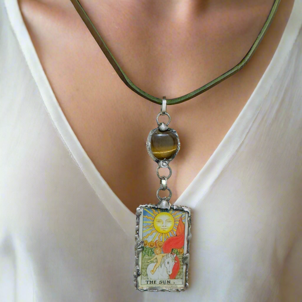 Tarot Card Mixed Media & Artisan Metalwork Tiger Eye Pendant Leather Necklace