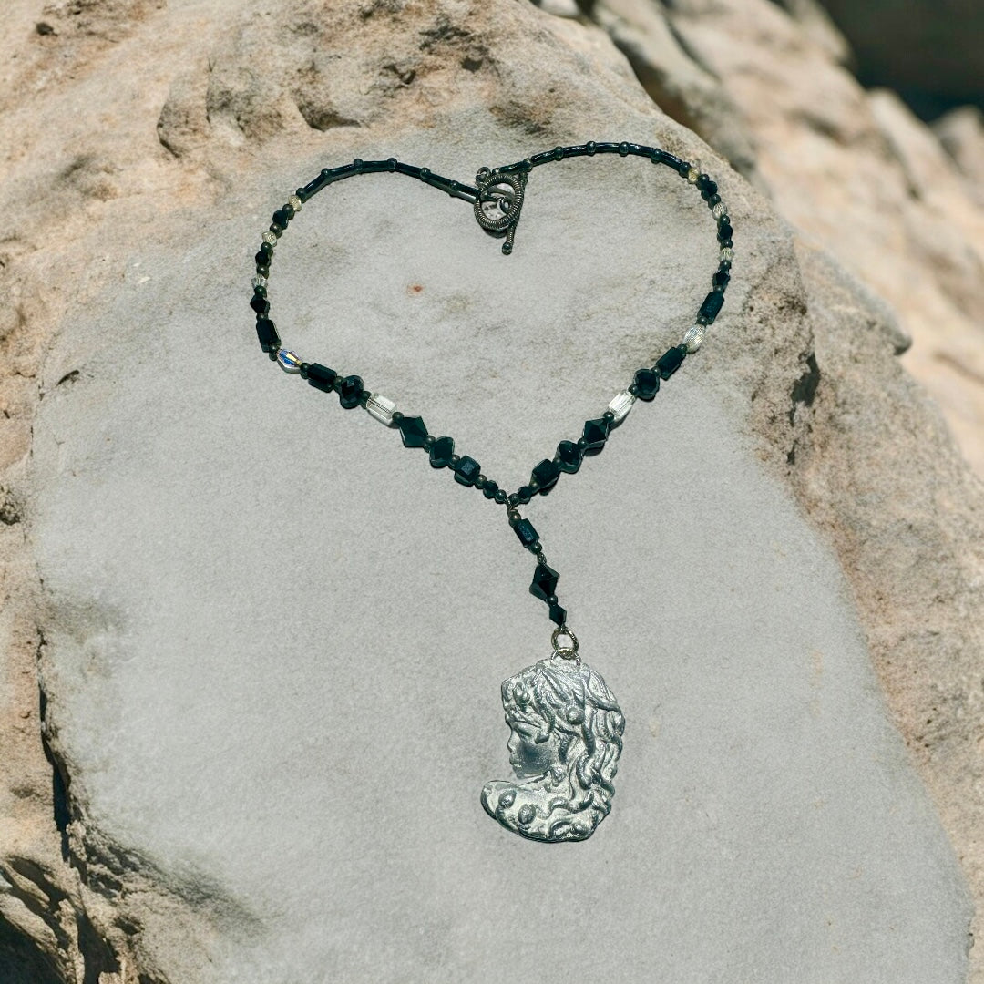 Art Nuveau Clay Lady Pendant with Artisan Crystal Beaded Necklace
