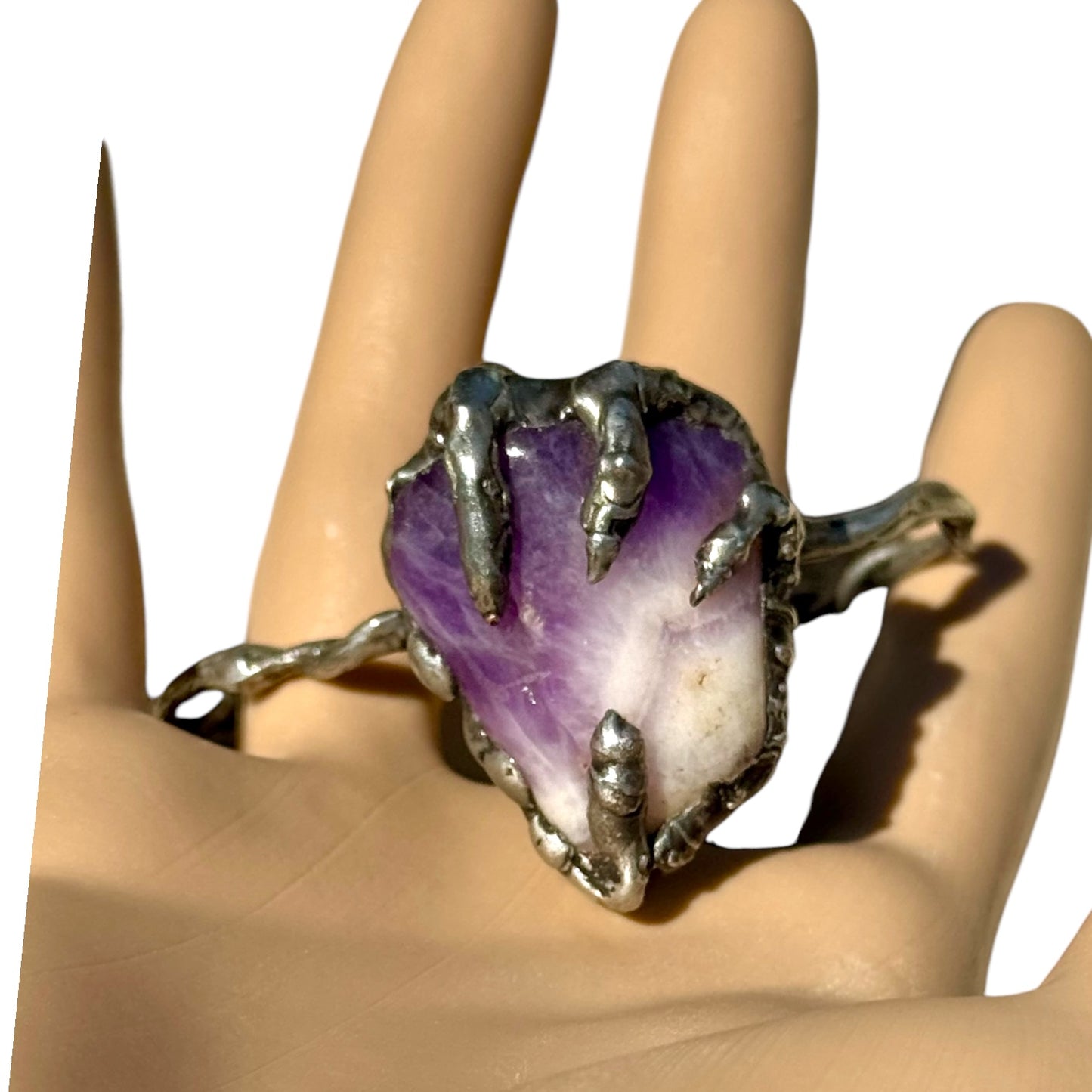 Amethyst Claw Cuff Bracelet Brutalist Silver Blend Metalwork