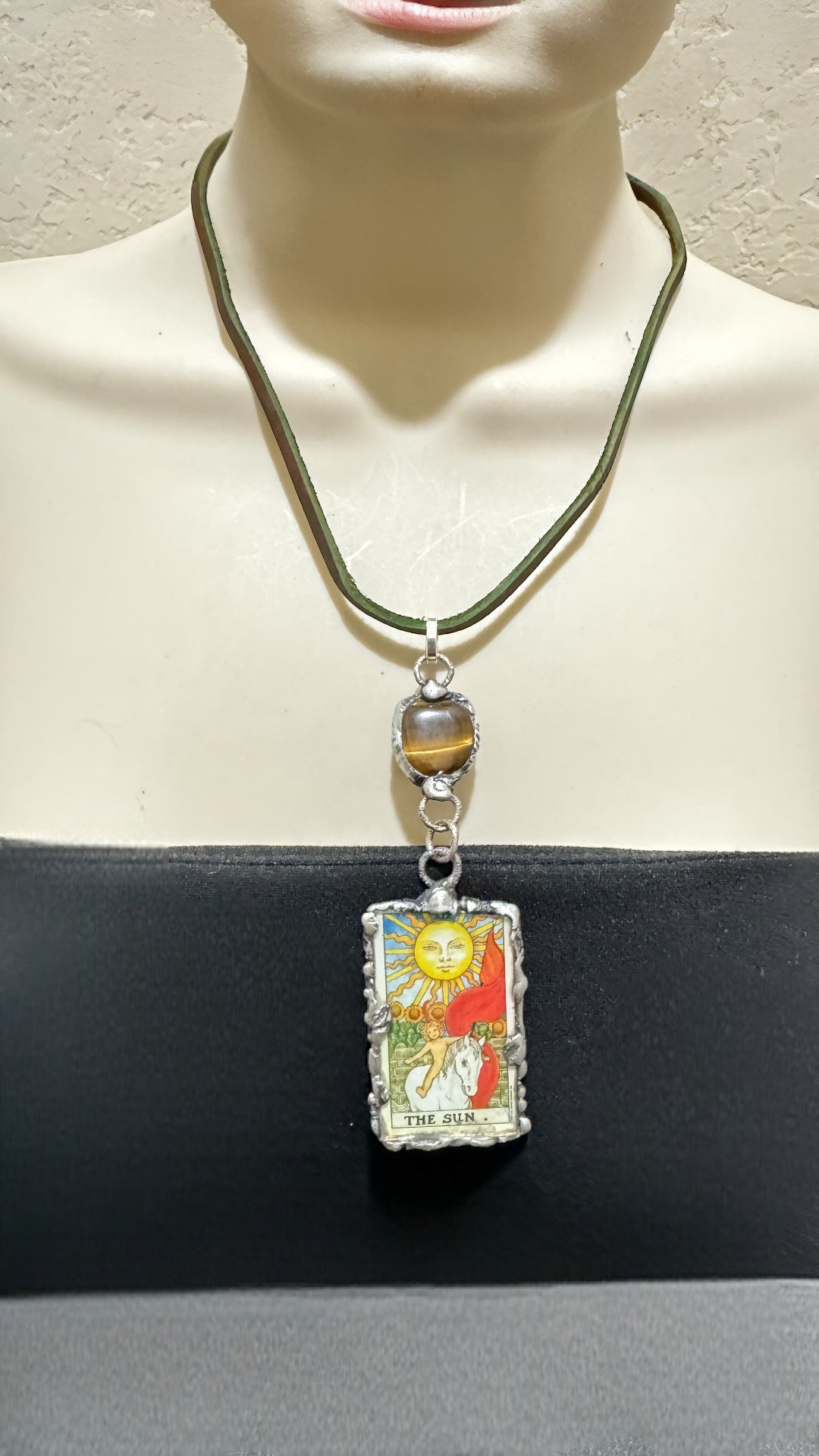 Tarot Card Mixed Media & Artisan Metalwork Tiger Eye Pendant Leather Necklace