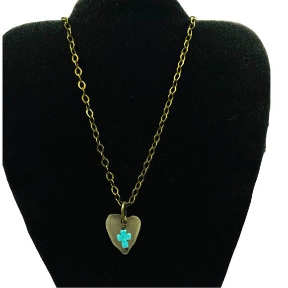 Concave Sea Glass Heart Pendant with Turquoise Cross Charm Artisan Crafted