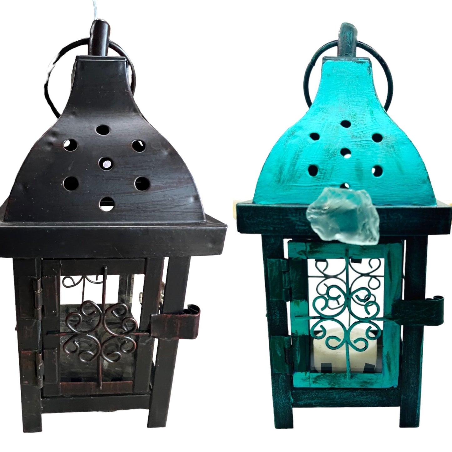 Upcycled Metal Lantern with Sea Glass & Conch, Hand-Painted