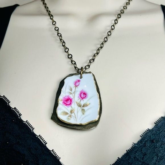 Broken China Leather Necklace Artisan Crafted From a Tea Rose Pattern Teacup