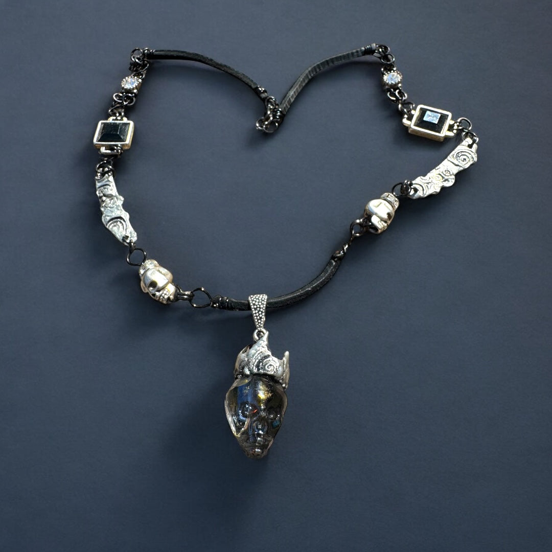 Crystal Skull Pendant w MCM Black Onyx & Intricate Silver Blend Metalwork
