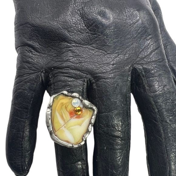 Yellow Rose Broken China Ring Artisan Crafted & Swarovski Crystals Size 7