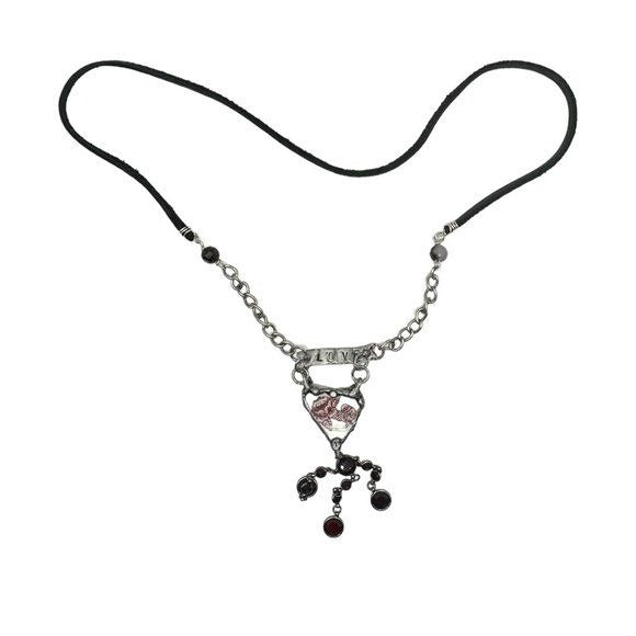 Broken China Heart Pendant W/ VNTG Garnet Tassel, Artisan Metalwork & Leather