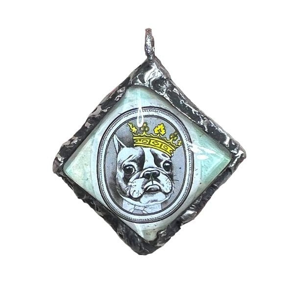 French Bulldog Tiny Pendant Decoupaged Glass & Boho Metalwork “I am the King”