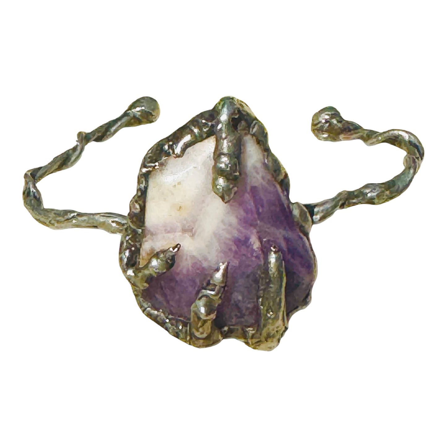 Amethyst Claw Cuff Bracelet Brutalist Silver Blend Metalwork