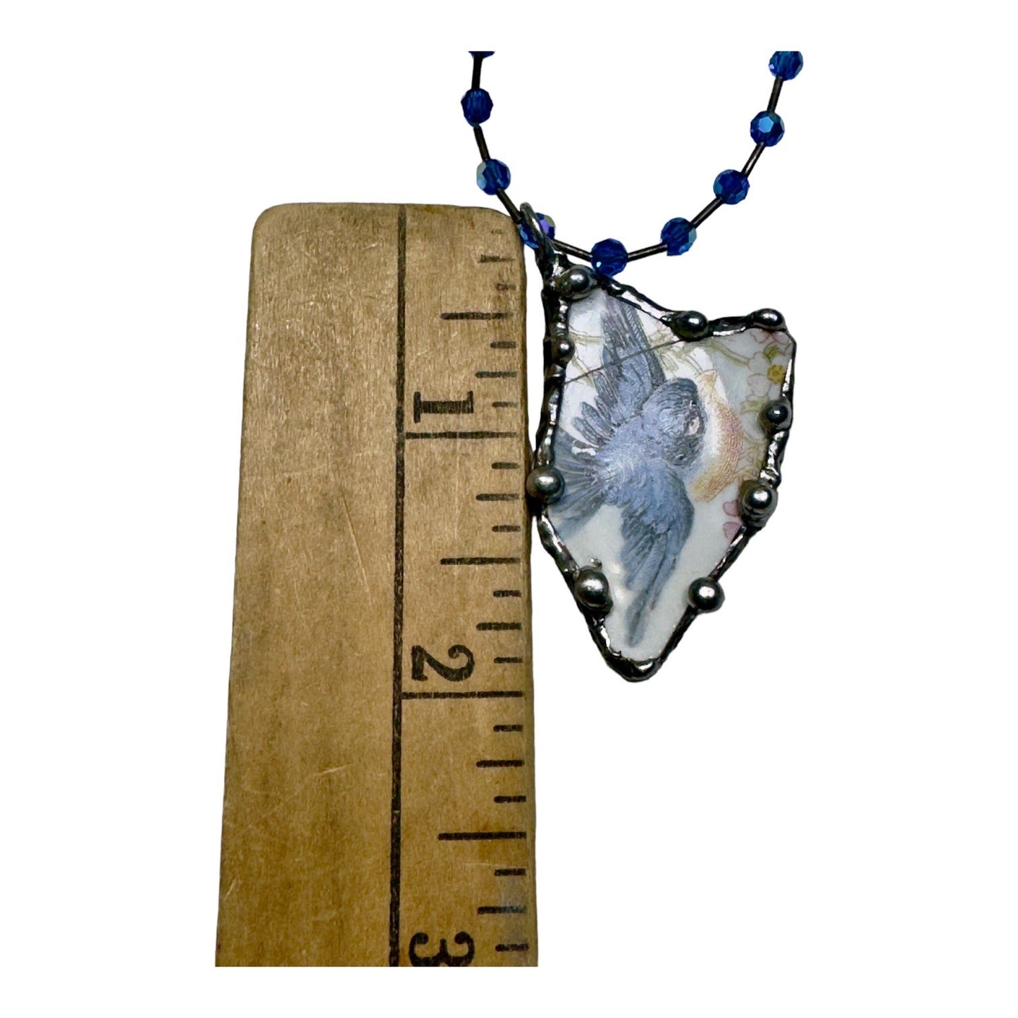 Blue Bird Broken China Pendant Silver Blend Metalwork Vintage Crystal Necklace