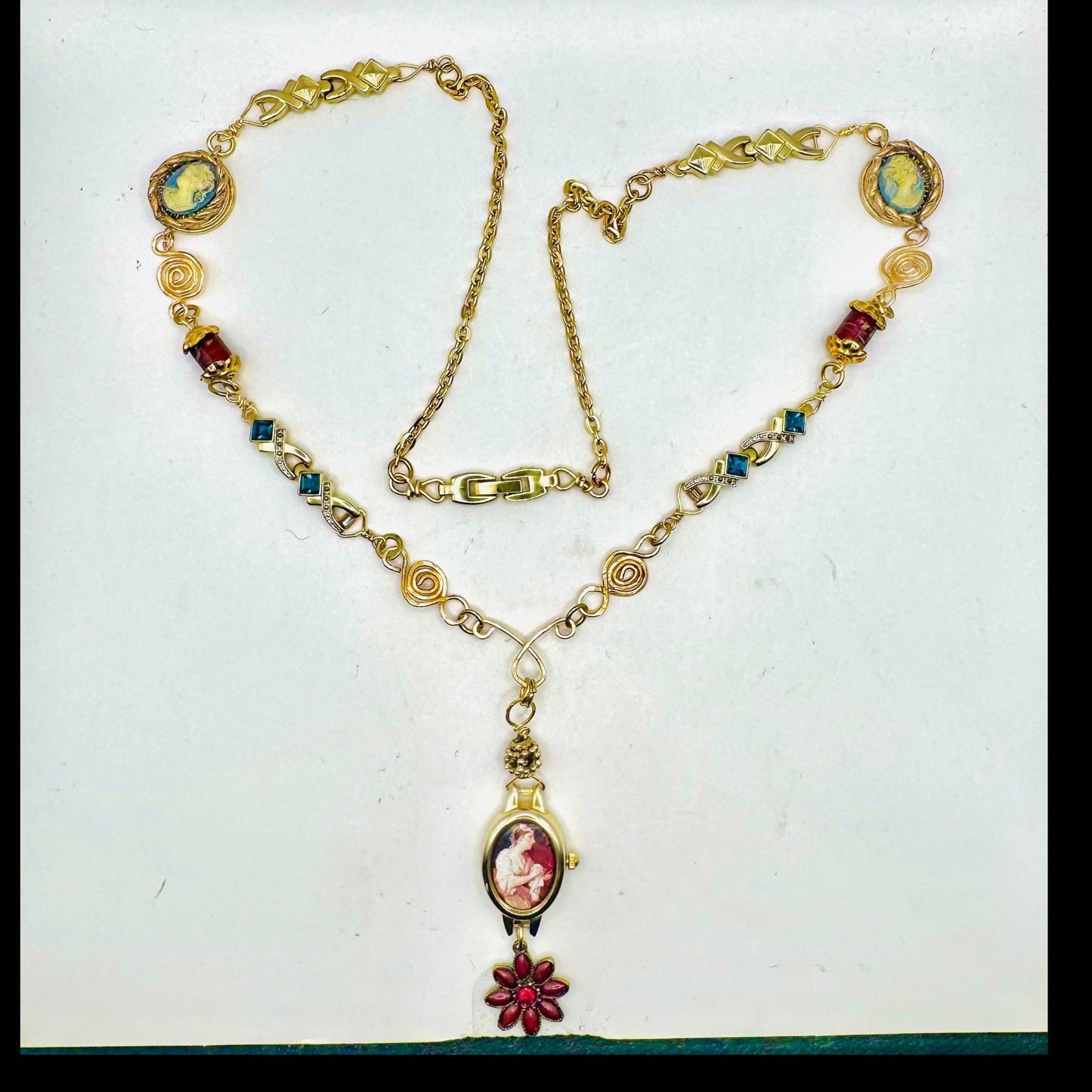 Repurposed VNTG Watch Opera Necklace with scene from the of Beggar’s Opera by Hogarth
