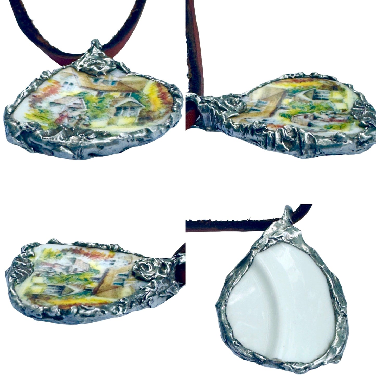 Artisan Necklace Featuring Royal Stuart Broken China Encased in Silver Blend Metalwork