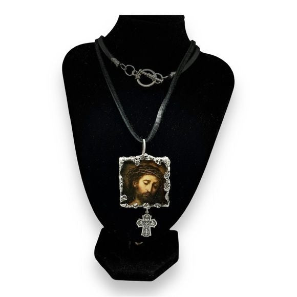 Tiny Glass Canvas Pendant of Suffering Christ & Vintage Religious 4 Silver Charm