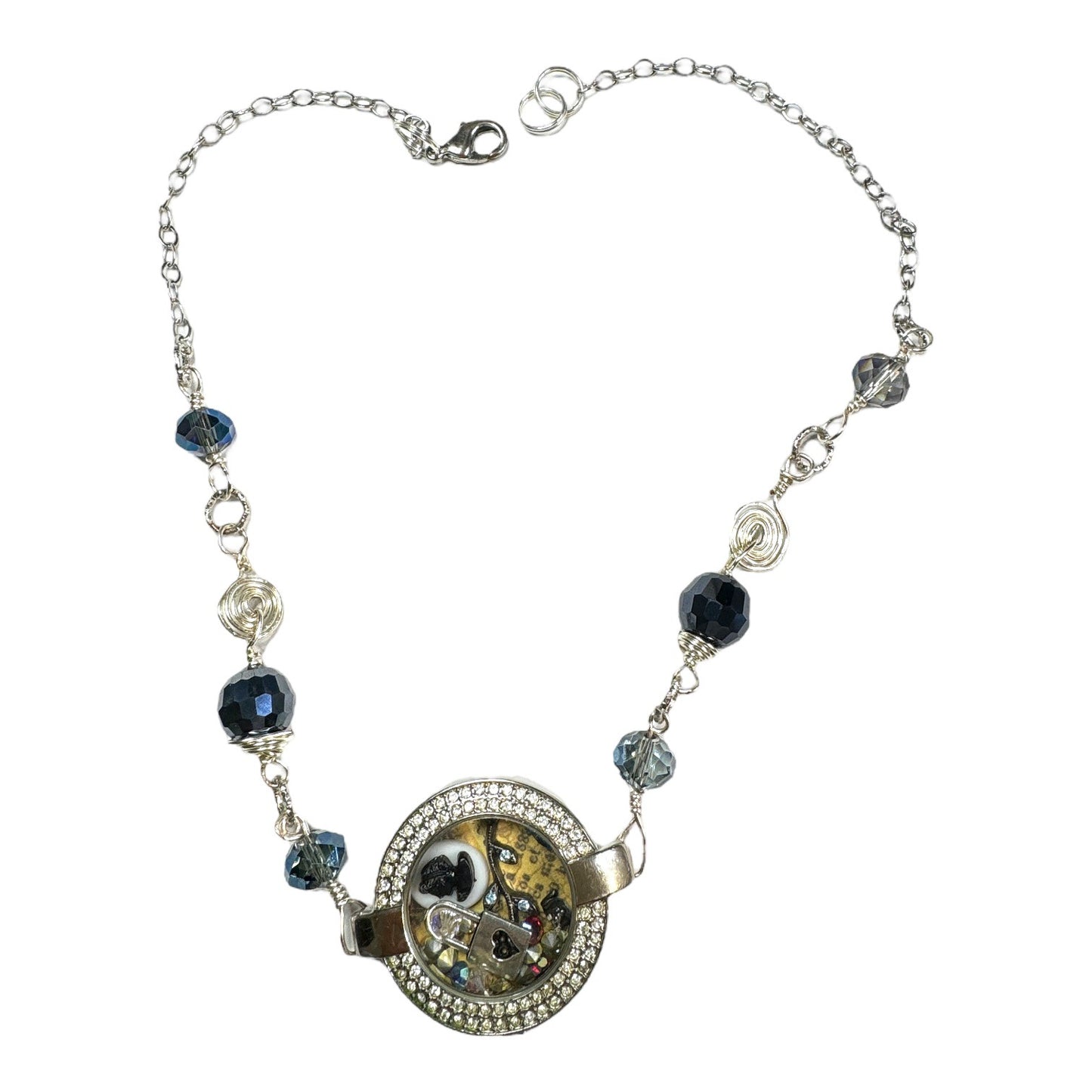 Floating Memory Pendant Reworked Watch Shell, Cameo & Swarovski Crystal Necklace