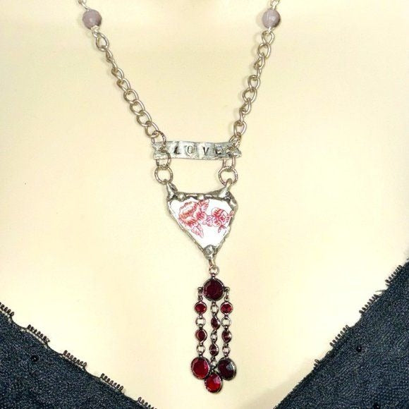 Broken China Heart Pendant W/ VNTG Garnet Tassel, Artisan Metalwork & Leather