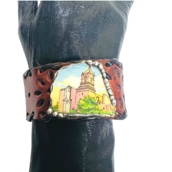 San Antonio Broken China Cuff Bracelet with Vintage Artisan Leather