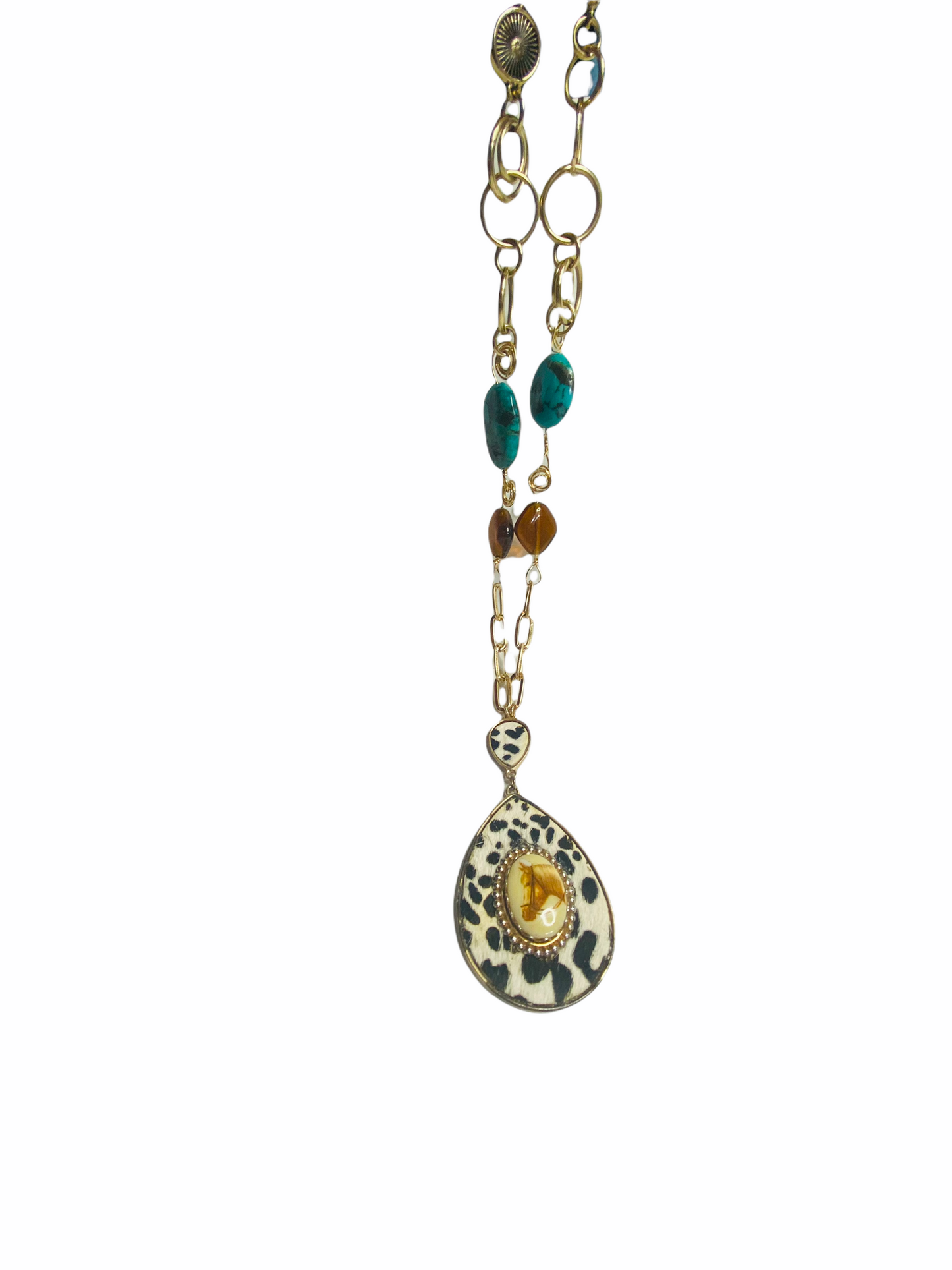 Upcycled VNTG Horse Brooch and Hyde Pendant w/ Wire Wrapped Amber & Turquoise Necklace