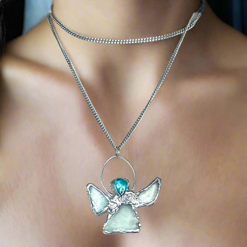 Sea Glass Angel Pendant Artisan Boho Metalwork Necklace