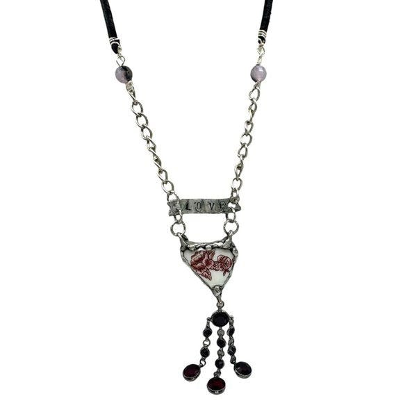 Broken China Heart Pendant W/ VNTG Garnet Tassel, Artisan Metalwork & Leather