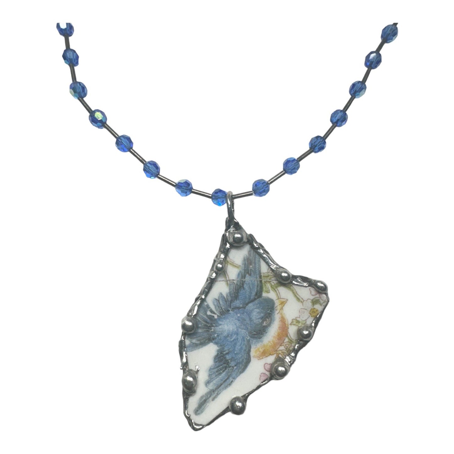 Blue Bird Broken China Pendant Silver Blend Metalwork Vintage Crystal Necklace